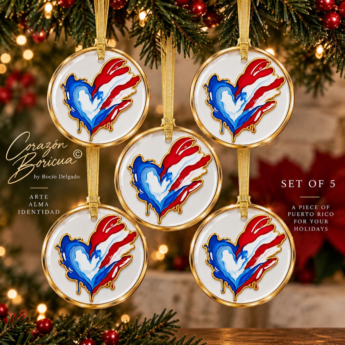 Corazón Boricua Glass Ornament