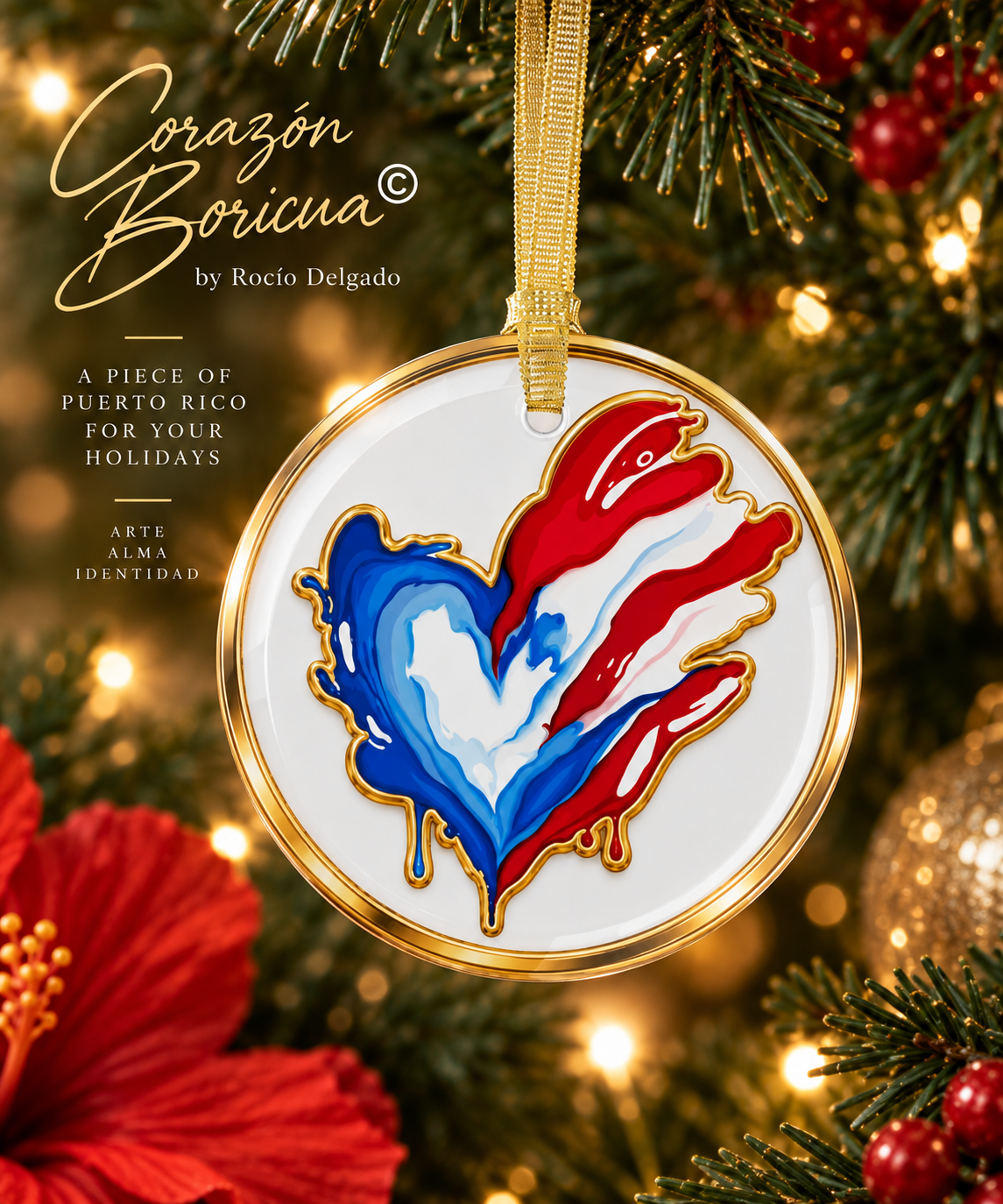 Corazón Boricua Glass Ornament
